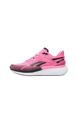 Zapatilla de correr Reebok de color rosa brillante con detalles en negro y suela blanca gruesa y acolchada, mostrada de lado sobre un fondo blanco.