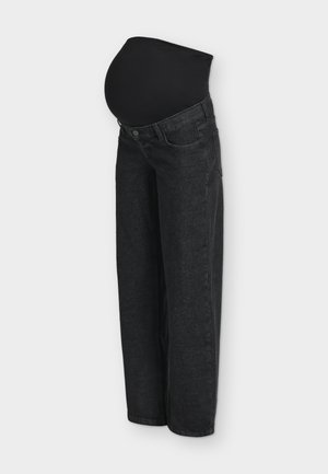 Jeans de maternité noirs avec une taille haute extensible conçue pour accueillir un ventre de femme enceinte, présentés sur un fond uni.