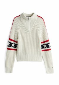 Sweter dzianinowy w kolorze kremowym, z półsuwnym kołnierzem. Czarno-czerwone paski na rękawach z białymi detalami w formie gwiazdek. Całość o ribbowanej strukturze.