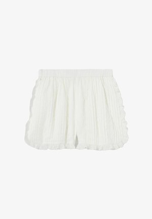 Pantalones cortos blancos de algodón con cintura elástica, rayas verticales texturizadas y bordes de encaje con borde festoneado.