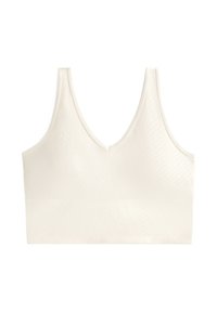 Krämfärgad bralette med V-ringning, strukturerad tyg med ett diagonalt mönster och breda band för stöd.
