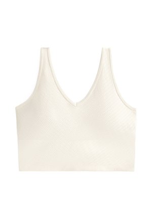 Bralet crem cu un design în formă de V, dintr-o țesătură texturată care prezintă un model diagonal și curele late pentru susținere.