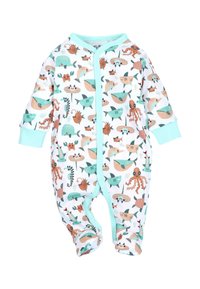 Witte baby romper met teal accent, bedekt met kleurrijke zeewezens zoals walvissen, haaien, octopussen, dolfijnen en krabben.