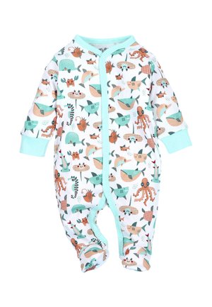 Witte baby romper met teal accent, bedekt met kleurrijke zeewezens zoals walvissen, haaien, octopussen, dolfijnen en krabben.