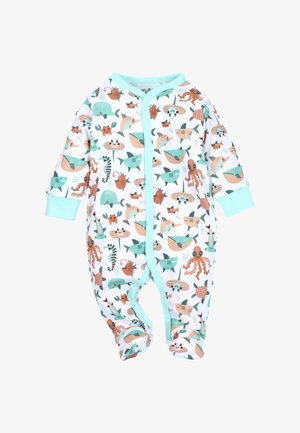 Biały kombinezon dla niemowląt z turkusowymi wykończeniami, pokryty kolorowymi morskimi stworzeniami, w tym wielorybami, rekinami, ośmiornicami, delfinami i krabami.