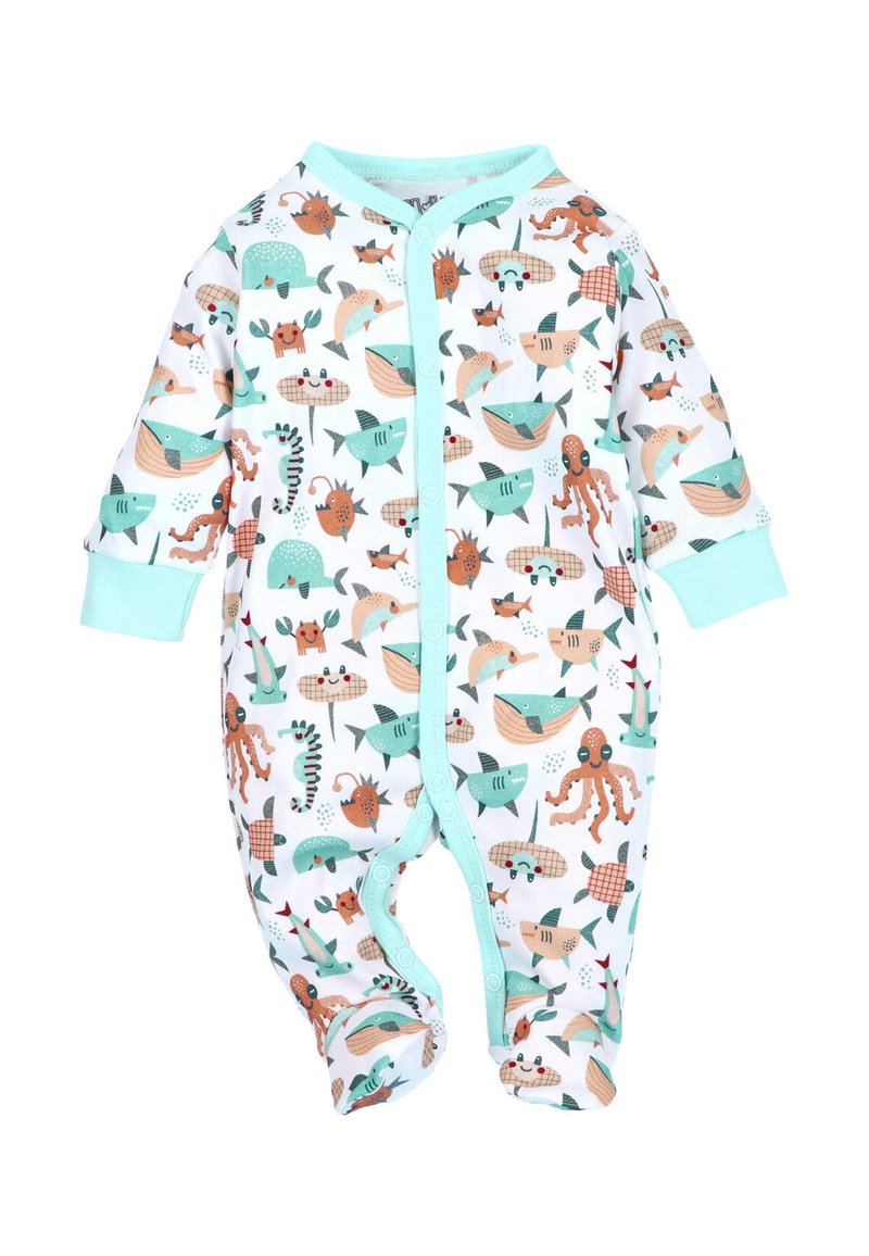 Witte baby romper met teal accent, bedekt met kleurrijke zeewezens zoals walvissen, haaien, octopussen, dolfijnen en krabben.