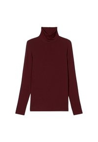 Bordowy golf wykonany z miękkiego, elastycznego materiału. Długie rękawy o dopasowanym kroju i gładkiej teksturze. Bez wzorów i zdobień.
