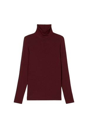 Top de cuello alto color burdeos hecho de tela suave y elástica. Mangas largas con un diseño ajustado y una textura lisa. Sin patrones ni adornos.