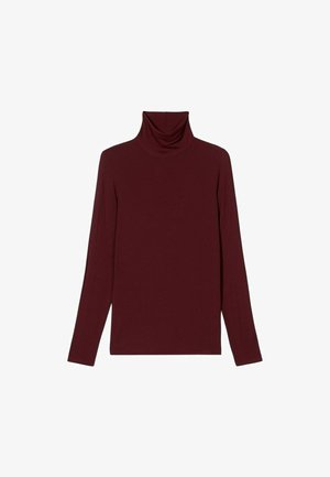 Top de cuello alto color burdeos hecho de tela suave y elástica. Mangas largas con un diseño ajustado y una textura lisa. Sin patrones ni adornos.