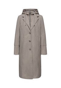 Langer, grauer Mantel mit Kapuze, einreihigem Design, zwei Fronttaschen und Knopfverschluss. Das Material hat eine strukturierte Oberfläche.