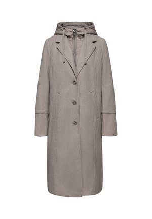 Manteau long gris avec capuche, design à boutonnage simple, deux poches avant et fermetures par boutons. Le matériau a une finition texturée.