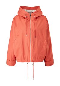Kurze orange Jacke mit Kapuze, Frontreißverschluss, verstellbaren Kordeln an Taille und Kapuze sowie zwei seitlichen Taschen. Glatte Textur.