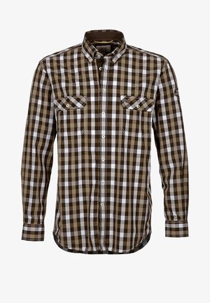 Camicia a maniche lunghe a righe marroni e bianche con colletto button-down, due tasche sul petto e dettagli cuciti. Realizzata in un tessuto leggero.