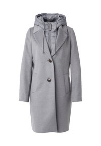 Manteau gris clair jusqu'aux genoux avec col à revers, deux boutons, poches latérales et capuche matelassée attachée avec cordons de serrage.