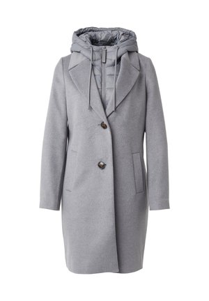 Light gray knee-length coat with lapel collar, two buttons, side pockets, and attached quilted hood with drawstrings.