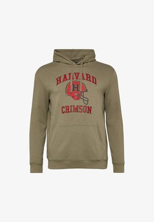 Olivgrüner Hoodie mit Fronttasche, verstellbaren Kordeln und rotem "Harvard Crimson"-Schriftzug sowie rotem Football-Helm-Logo.