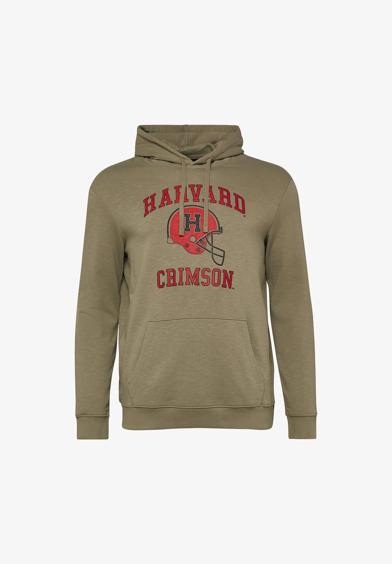 Sweat à capuche vert olive avec poche avant, cordons réglables, et texte rouge "Harvard Crimson" accompagné d'un logo de casque de football rouge.