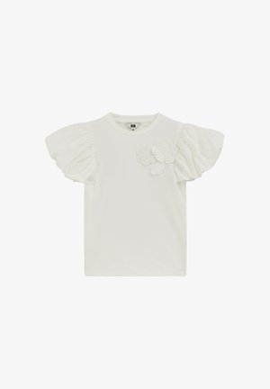 Cămașă albă cu mâneci scurte bufante și aplicații florale tridimensionale pe piept.