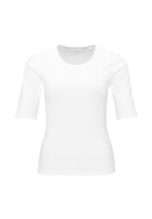 Weißes T-Shirt mit kurzen Ärmeln aus glattem Baumwollstoff, mit Rundhalsausschnitt und taillierter Passform. Keine Muster oder sichtbaren metallischen Teile.