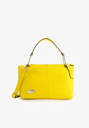 Gul lædertaske med en struktureret overflade, der har en aftagelig skulderrem og et kort top håndtag. Sølv hardware detalje.