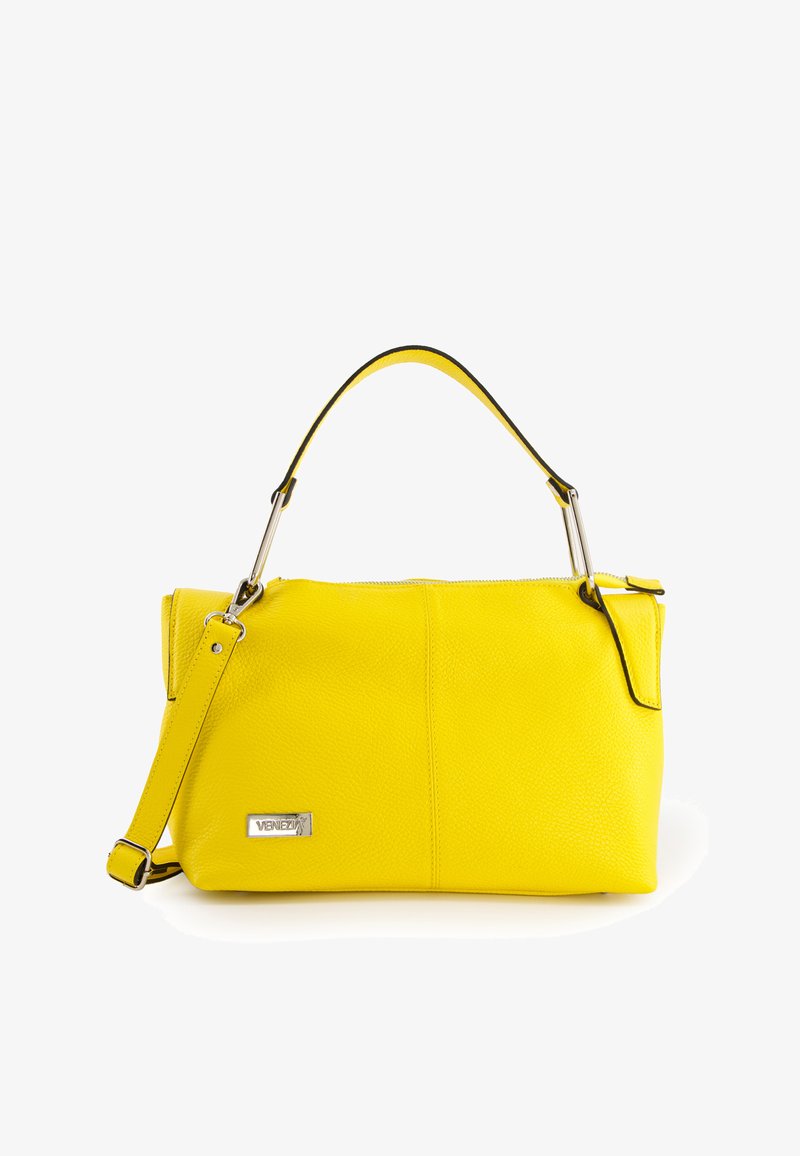 Yellow leather handbag with a textured finish, featuring a detachable shoulder strap and a short top handle. Silver hardware accent.