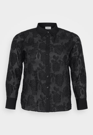 Black floral-patterned shirt with long sleeves, a collar, and button-up front. Made of a sheer fabric with solid black cuffs and placket.