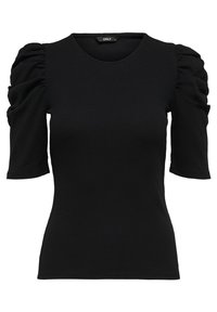 Černé přiléhavé tričko s ribovanou strukturou, krátkými nabíranými rukávy a kulatým výstřihem. Materiál vypadá měkký a elastický.