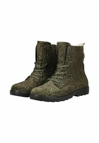 Zelené semišové kozačky s motivem stříbrných teček, šněrováním vpředu, bočním zipem a texturovanou gumovou podrážkou. Výška ke střední části lýtka, odolný design.