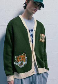 Giovane che indossa un cardigan verde con una toppa a forma di tigre e il testo "198", una maglietta grigia, pantaloni grigi e un cappellino verde scuro, in piedi contro un muro bianco.