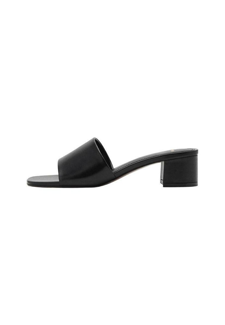 Black leather open-toe slide sandal with a wide strap and a solid block heel. Features a smooth texture and minimal design.
