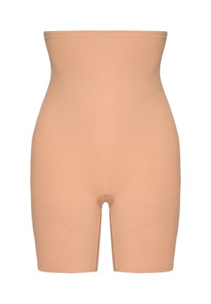 Beige hochtaillierte Formungs-Shorts mit breitem Taillenbund und Oberschenkel-Länge, entworfen für eine glatte Körperkontur.