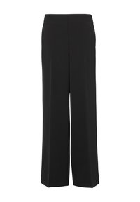 Pantalons larges noirs en tissu lisse, dotés d'une taille élastique et sans embellissements ni motifs visibles.
