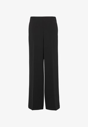 Zwarte wijde broek met een gladde textuur, voorzien van een elastische tailleband en zonder zichtbare versieringen of patronen.