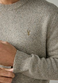 Beige striktrøje med ribkant i halsen og ved håndleddene. Udsmykket med et lille, broderet emblem. Blød tekstur med et spættet udseende.