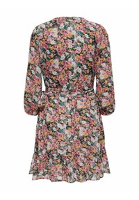 Blumenprintkleid mit Rückenknoten, langen Ärmeln, gerafftem Saum und einem Muster aus rosa, gelben und grünen Blumen auf einem hellen Hintergrund.