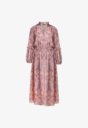 Langes Kleid aus leichtem Stoff mit einem pinken und lila Blumenmuster, Knopfleiste, hohem Kragen und Rüschenshirts.