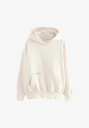 Cremfarbener Hoodie aus weichem Material, mit einer großen Fronttasche und dem Aufdruck "FLOWER SHOW" in Orange. Übergröße und weite Ärmel.