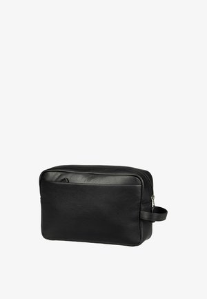Schwarze rechteckige Kulturtasche aus Leder mit Vordertasche, Reißverschluss und seitlichem Tragegriff.