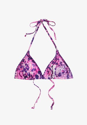Fialová a ružová bikiny top s trojuholníkovým tvarom, kvetinovým vzorom, volánikmi na okrajoch a nastaviteľnými šnúrkami na krku a chrbte.