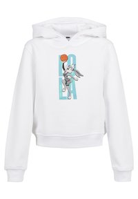 Felpa bianca con tasca a scomparsa. Presenta una grafica di un personaggio coniglio che salta e tiene in mano un pallone da basket, con "LOLA" in lettere grassetto.