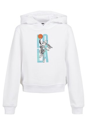 White hoodie with a kangaroo pocket. Features a graphic of a bunny character jumping and holding a basketball, with “LOLA” in bold letters.