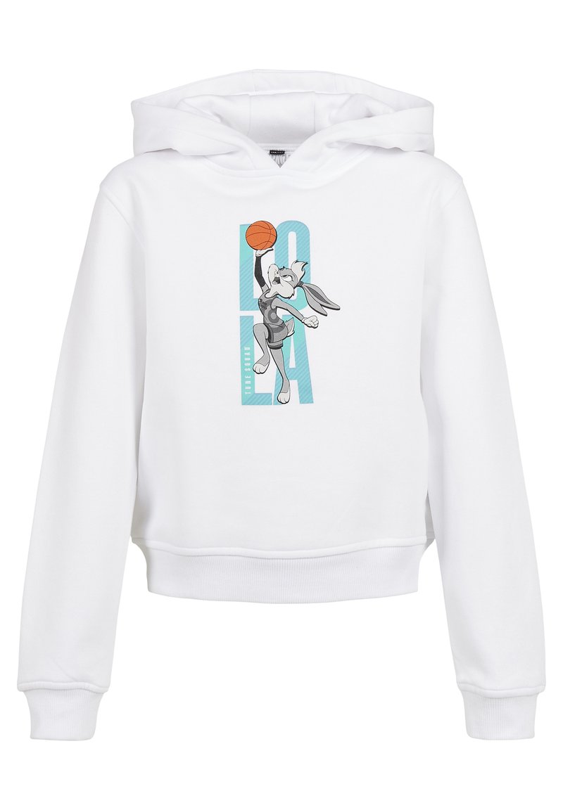 Felpa bianca con tasca a scomparsa. Presenta una grafica di un personaggio coniglio che salta e tiene in mano un pallone da basket, con "LOLA" in lettere grassetto.