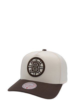Casquette de baseball marron et crème avec un logo circulaire affichant un "B" et des rayons. Visière plate, design structuré et texture en tissu.