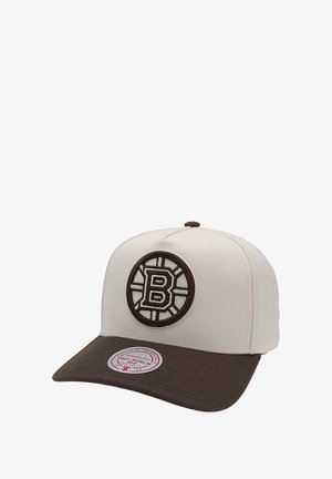 Brauner und cremefarbener Baseballcap mit einem runden Logo, das ein "B" und Speichen zeigt. Flaches Visier, strukturierte Form und Stofftextur.