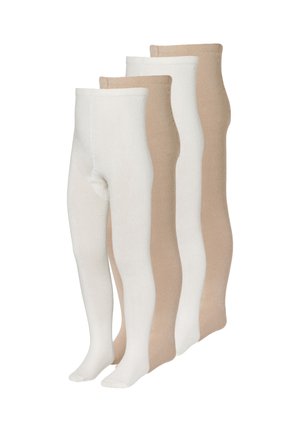 Four pairs of children's tights, alternating beige and white colors, displayed upright on a white background.