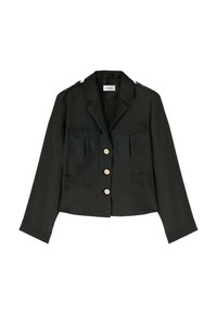 Černá zkrácená bunda vyrobená z hladkého materiálu, s klopovým límcem, čtyřmi kapsami a zlatými knoflíky na přední straně a manžetách.
