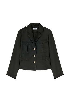 Veste noire cropped en tissu lisse, avec un col à revers, quatre poches et des boutons dorés à l'avant et aux poignets.