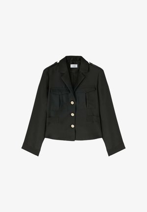 Veste noire cropped en tissu lisse, avec un col à revers, quatre poches et des boutons dorés à l'avant et aux poignets.