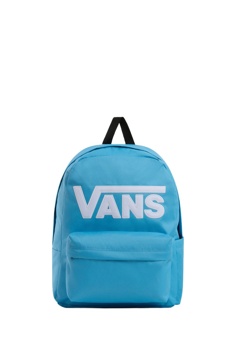 Zaino in tessuto blu con un compartimento principale imbottito, tasca frontale e logo "VANS" bianco. Manico di trasporto nero e spallacci regolabili.