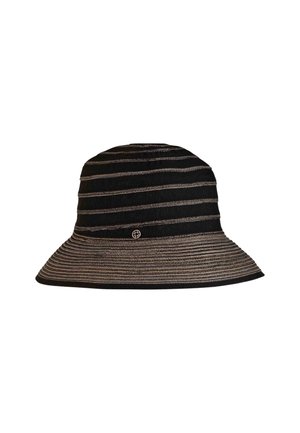 Black striped bucket hat made of woven fabric. Features a wide brim and a textured surface with contrasting silver stripes.